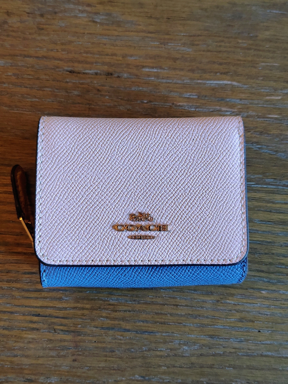 NWT Coach Small Trifold Wallet Colorblock Chalk Light Blue Yellow 2923